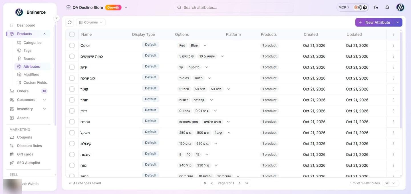 The Attributes list with the Columns button and the New Attribute button, and one row per attribute showing its Name, Display Type (Default), an Options preview with an expand arrow, Platform, how many products use it, and the Created and Updated dates