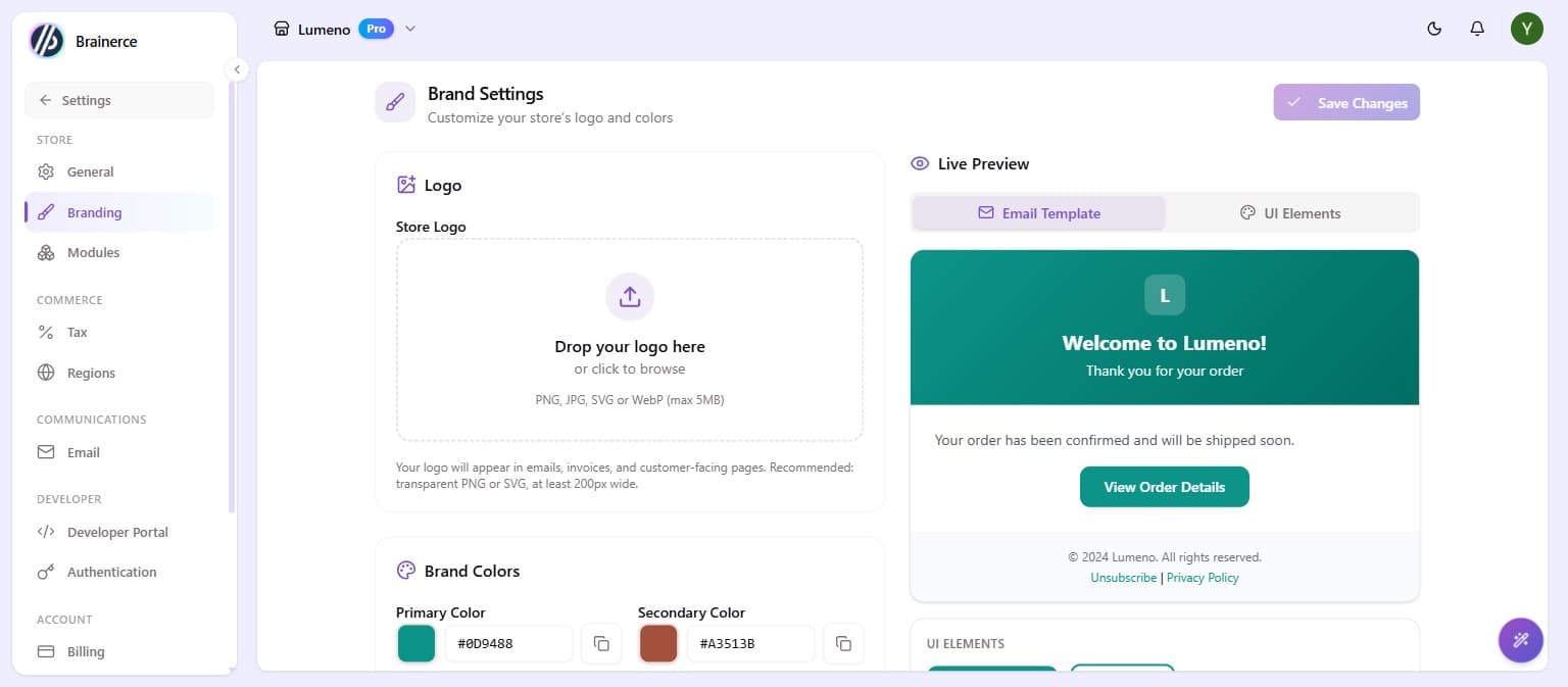 The Branding settings page with the logo upload area, brand color pickers, and a live email preview