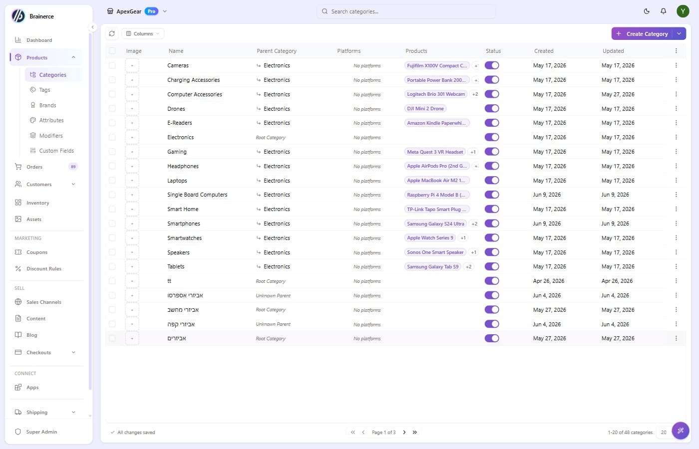 Categories list showing 48 categories with Name, Parent Category, Active, Tax, Image, and Platforms columns