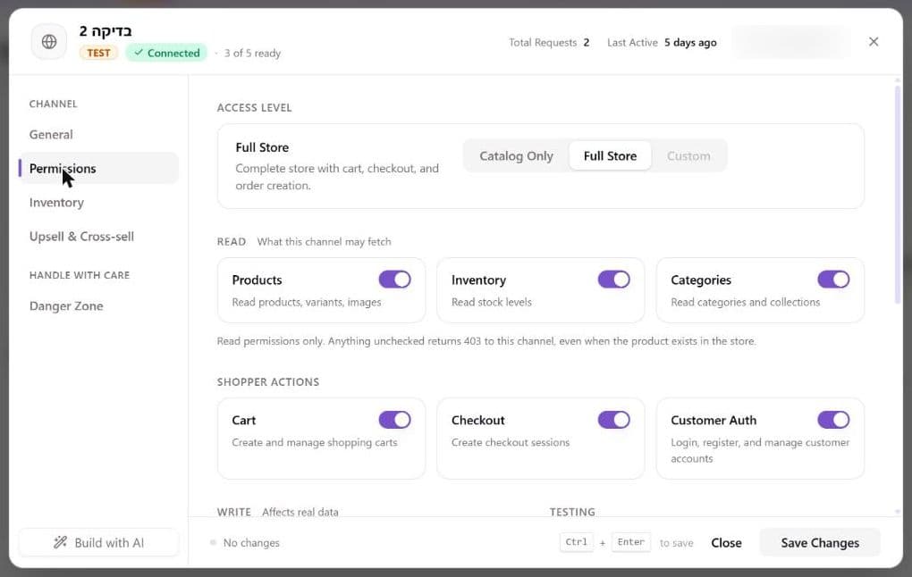 The Permissions tab of a sales channel's settings: the Access level control with Catalog Only, Full Store and Custom, the Read switches for Products, Inventory and Categories, and the Shopper actions switches for Cart, Checkout and Customer Auth, with the Write and Testing sections starting below
