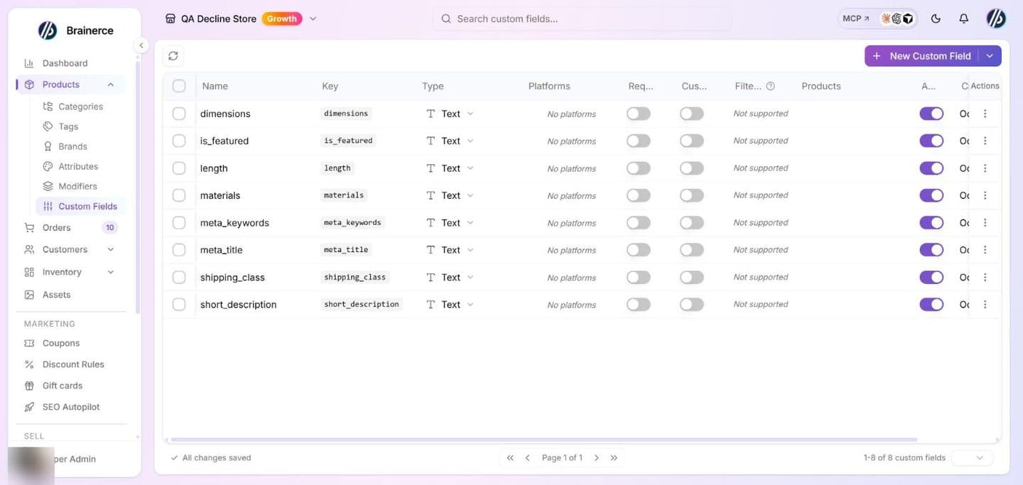 The Custom Fields page listing eight fields in a table with the columns Name, Key, Type, Platforms, Required, Customer Input, Filterable (Not supported for these Text fields), Products and an Active switch, with a refresh button and the New Custom Field button above it