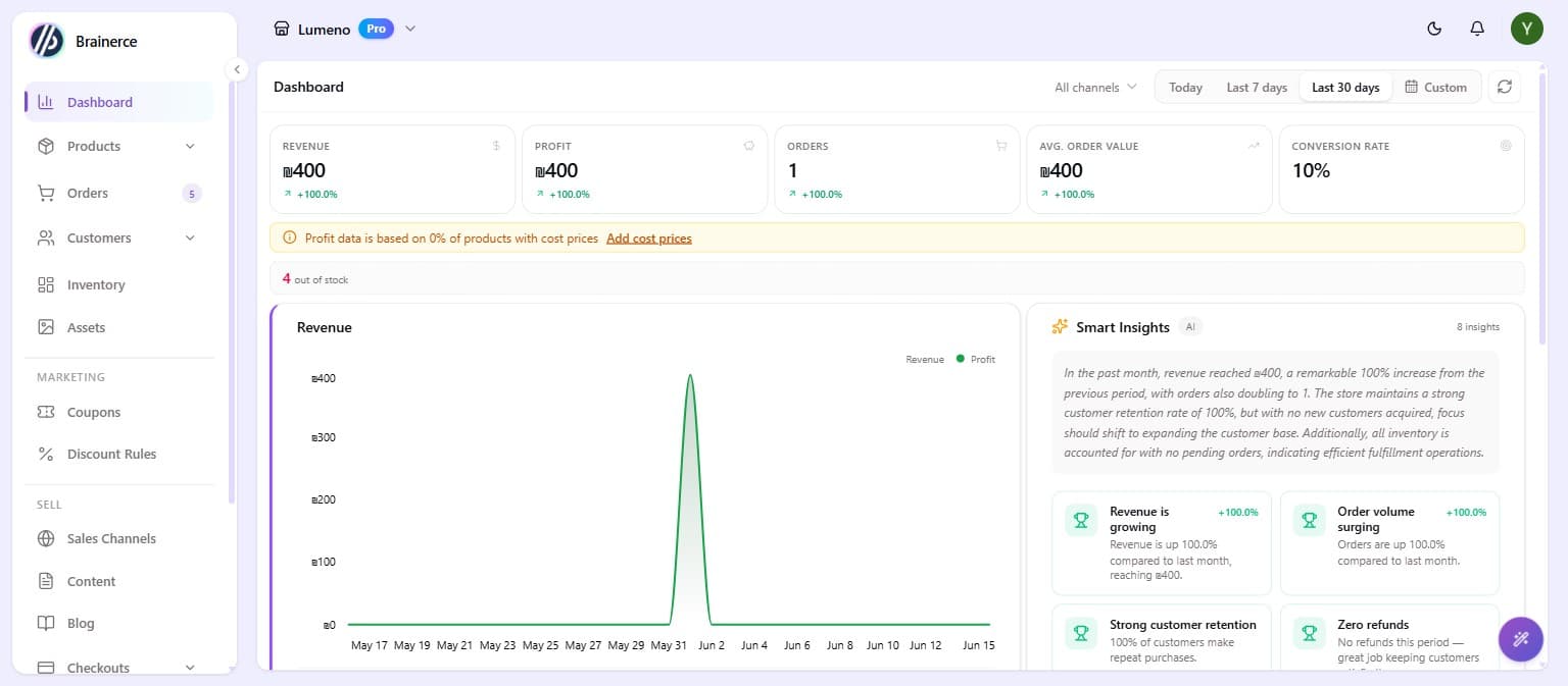 The Dashboard showing KPI cards, the period selector, the Revenue Over Time chart, and Smart Insights