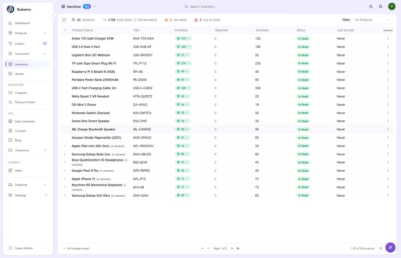 Inventory list with 20 products showing Product Name, SKU, Inventory badge, Reserved, Available, Status, and Last Synced columns