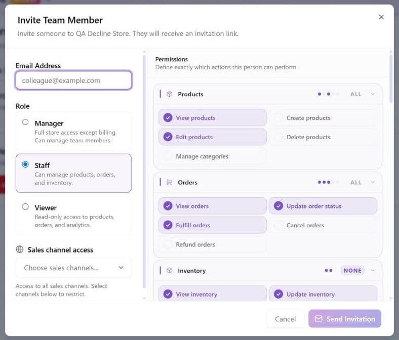The Invite Team Member dialog: the Email Address field, the Manager, Staff (selected) and Viewer role options, the Sales channel access menu, and on the right the Permissions panel with grouped switches for Products and Orders and the start of Inventory, above the Cancel and Send Invitation buttons