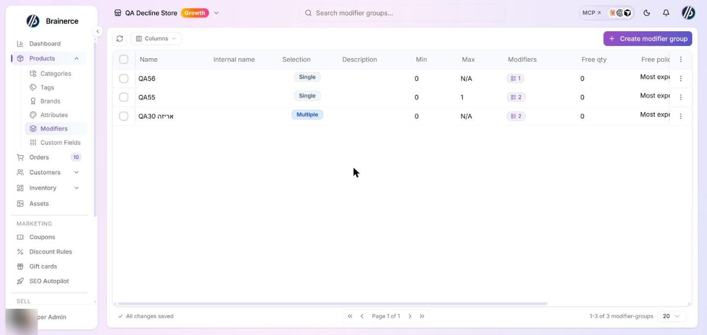 The Modifier Groups list showing three groups with the Name, Internal name, Selection (Single or Multiple), Description, Min, Max, Modifiers count, Free qty and Free policy columns, plus the Columns menu and the Create modifier group button
