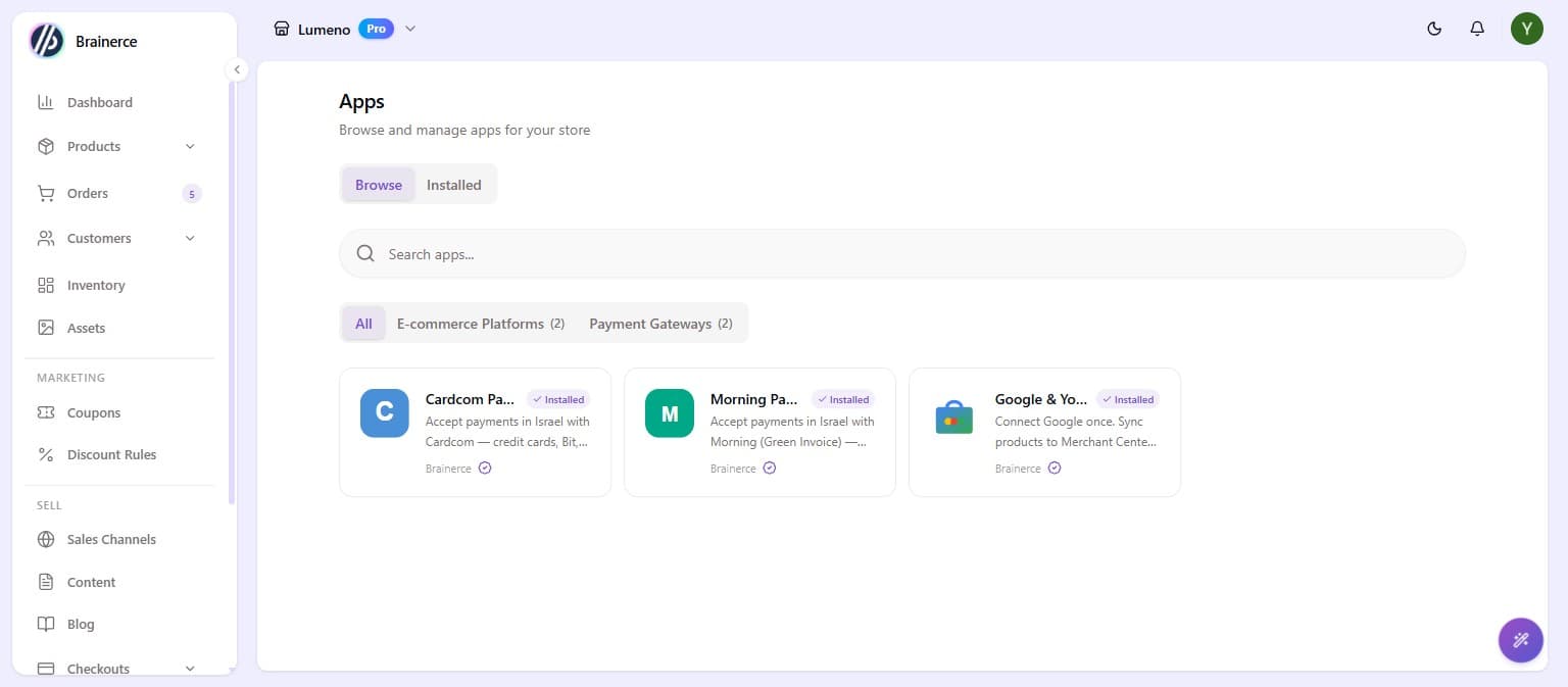 The Apps marketplace showing category filters and available apps