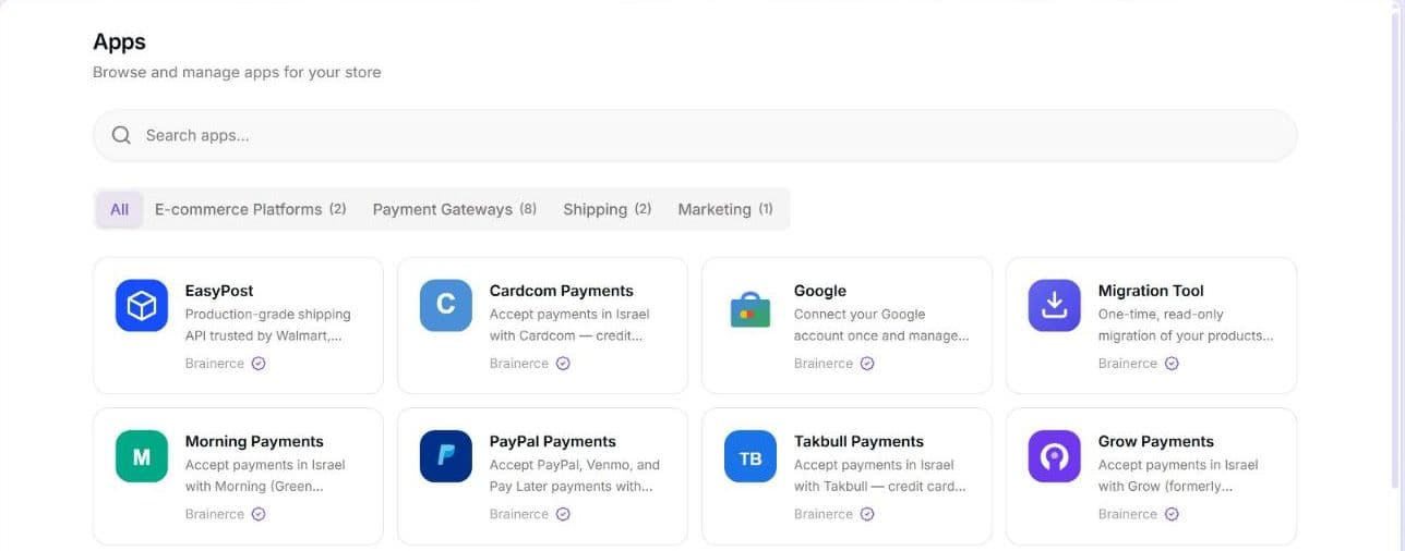 The Apps marketplace with the Search apps box, the category tabs and the first two rows of app cards, including the payment gateways Cardcom and Morning and the Google and Migration Tool apps