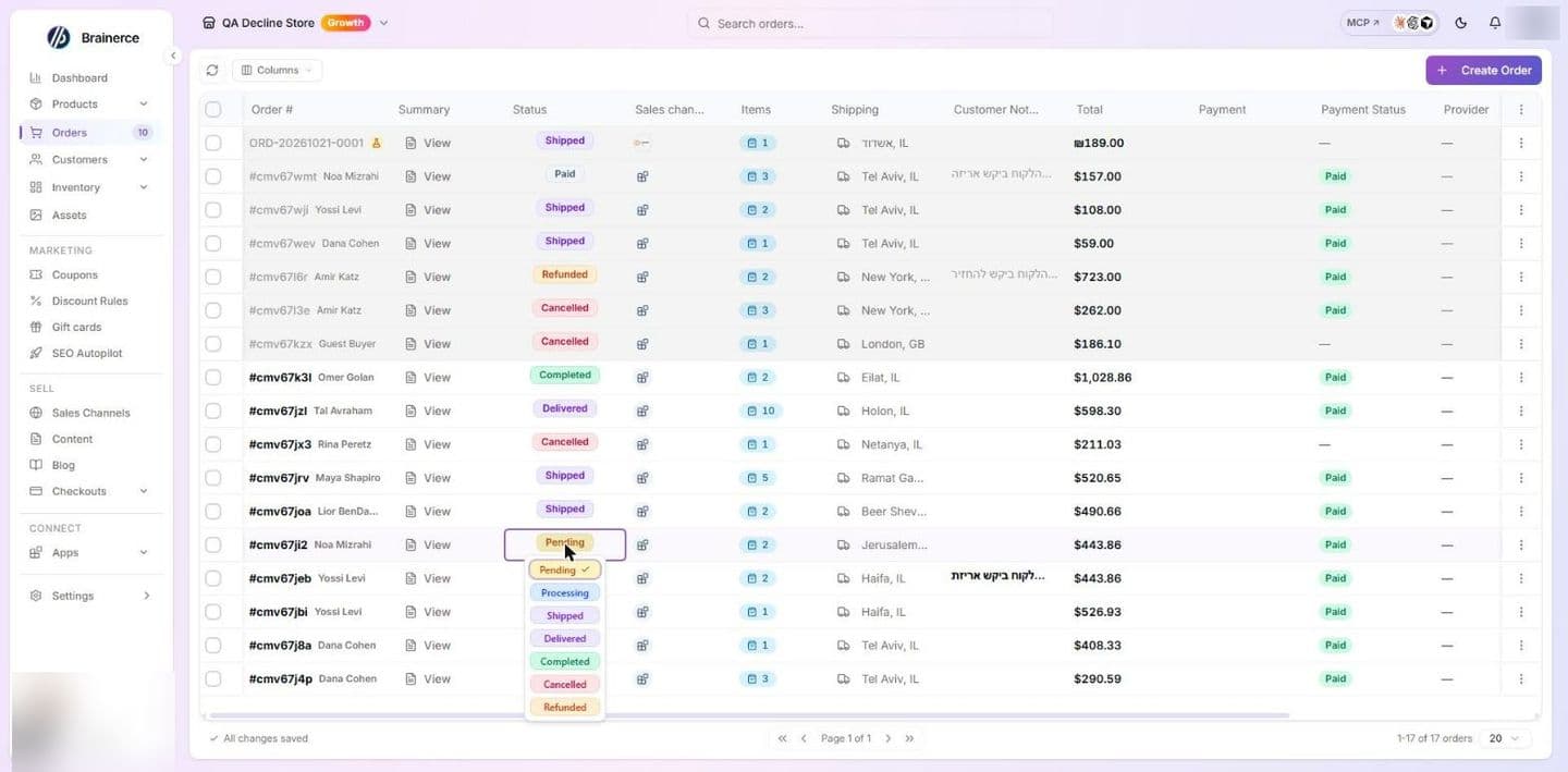 The Orders list with the Status picker open on one row: the dropdown lists Pending (ticked as the current status), Processing, Shipped, Delivered, Completed, Cancelled and Refunded, while the other rows show their status badges beside the order number, Summary, Sales channels, Items, Shipping, Customer Note and Total columns
