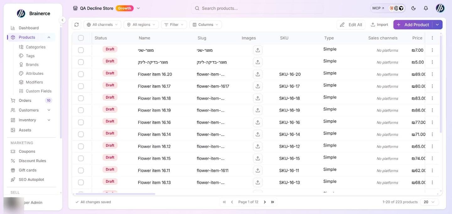 The Products list showing existing items with their Status, Name, Slug, Images, SKU, Type, Sales channels and Price columns, the toolbar (All channels, All regions, Filter, Columns, Edit All, Import) and the Add Product button with its split arrow in the top right
