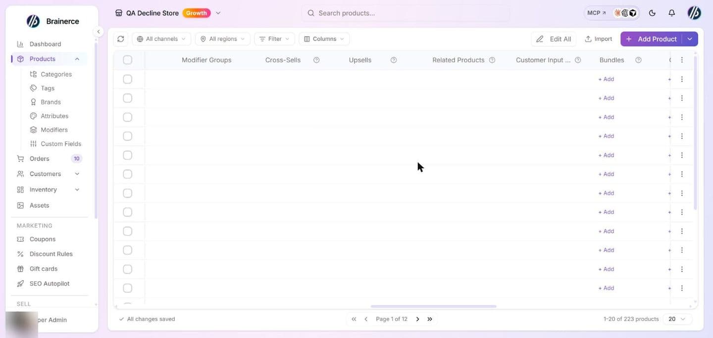 The Products table scrolled to the right, showing the Modifier Groups, Cross-Sells, Upsells, Related Products, Customer Input and Bundles columns, which are empty for these products