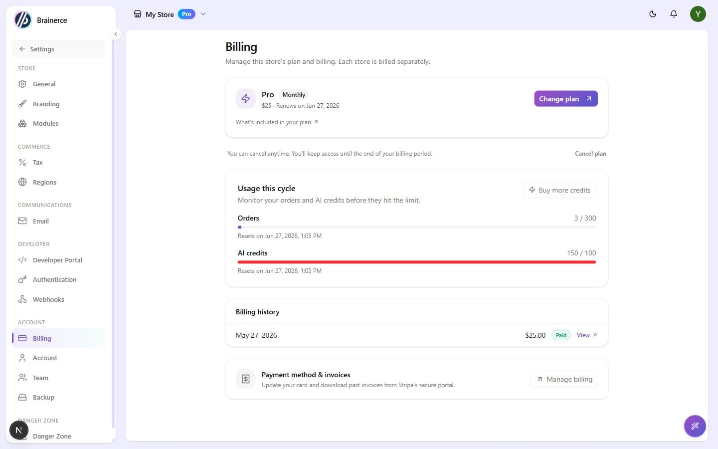 The Settings → Billing page showing the current plan card with Change plan and Cancel plan controls, the Usage this cycle card (orders and AI credits used), billing history, and the link to Stripe's payment-method portal