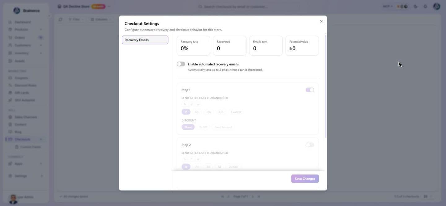 The Checkout Settings dialog on the Recovery Emails tab, showing four counters (Recovery rate, Recovered, Emails sent, Potential value), the Enable automated recovery emails switch turned off, and the Step 1 and Step 2 cards with their Send after cart is abandoned time choices and Discount options (None, % Off, Fixed Amount)