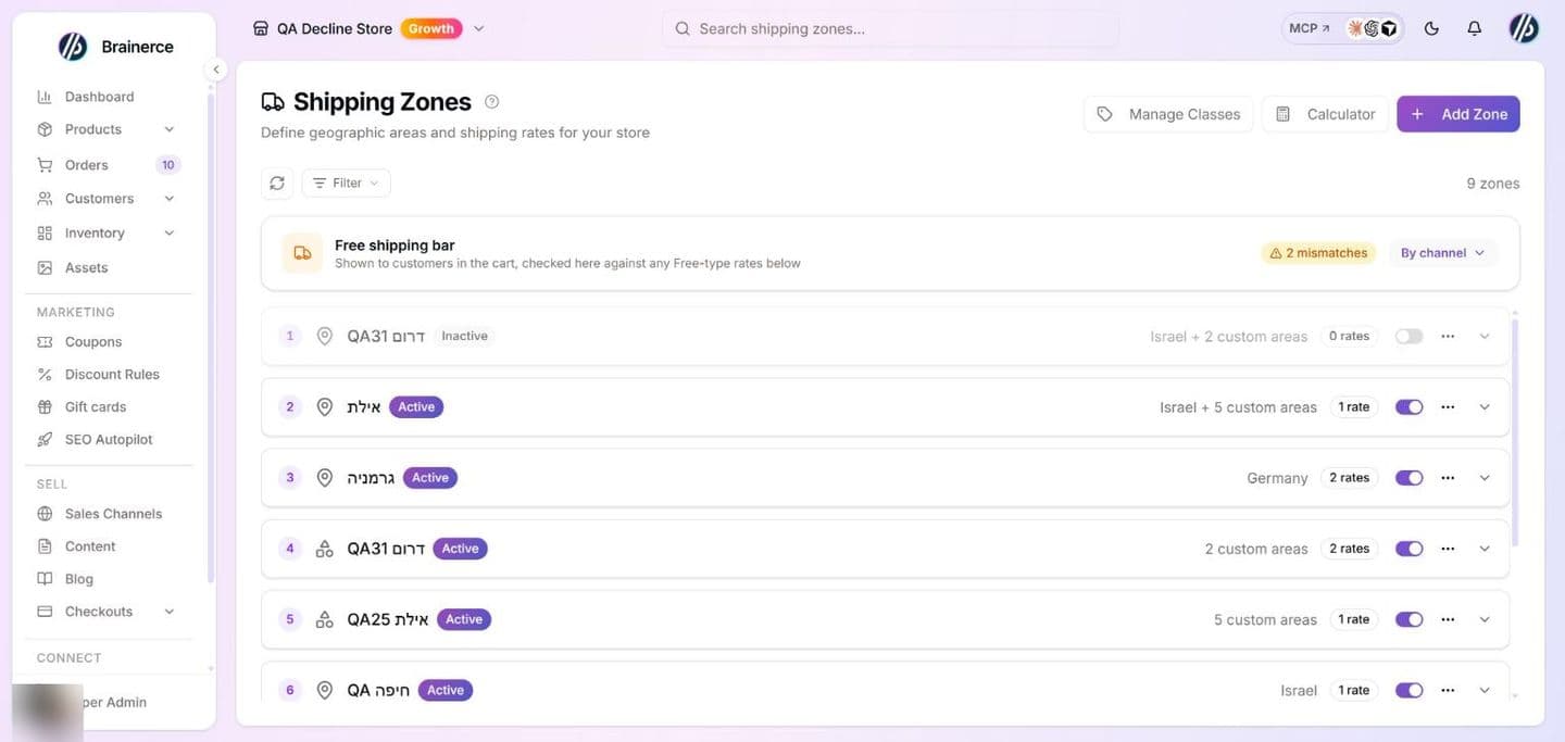 The Shipping Zones page: the Manage Classes, Calculator and Add Zone buttons, the toolbar with Refresh and Filter and the zone count, the Free shipping bar card with its mismatch warning and By channel selector, and the numbered zone rows, each with an Active or Inactive badge, its coverage, a rate count, an on and off switch and a menu