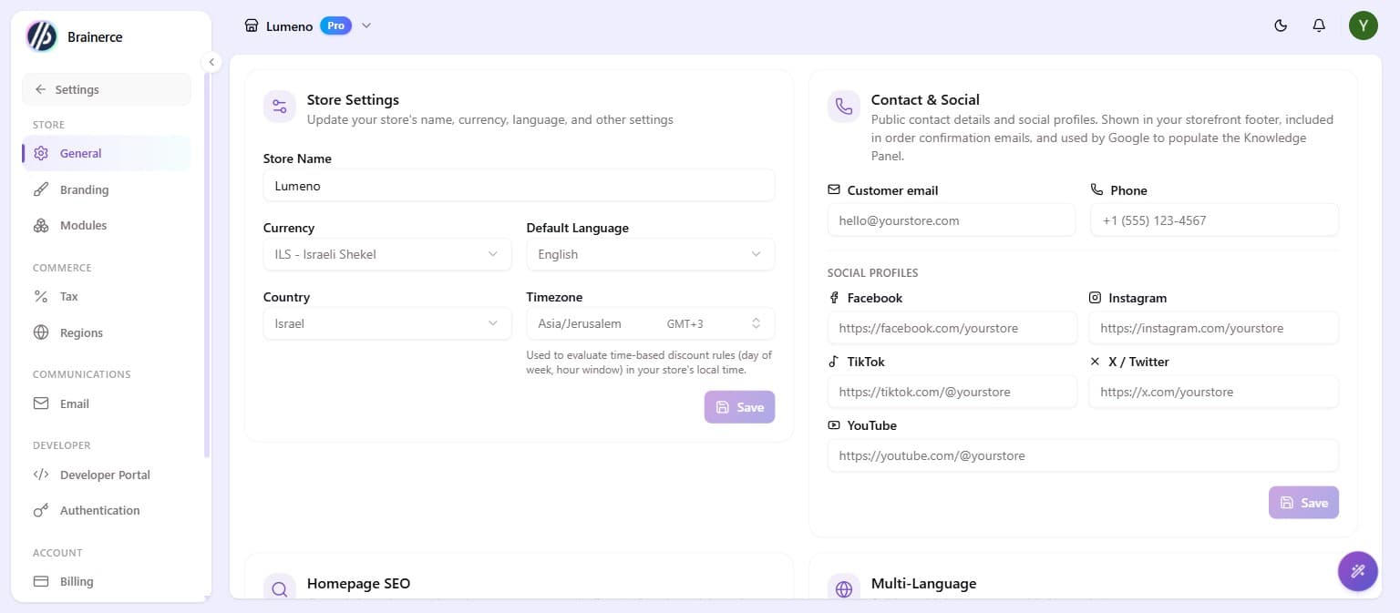 The General settings page showing Store Settings (name, currency, language, country, timezone) alongside Contact & Social