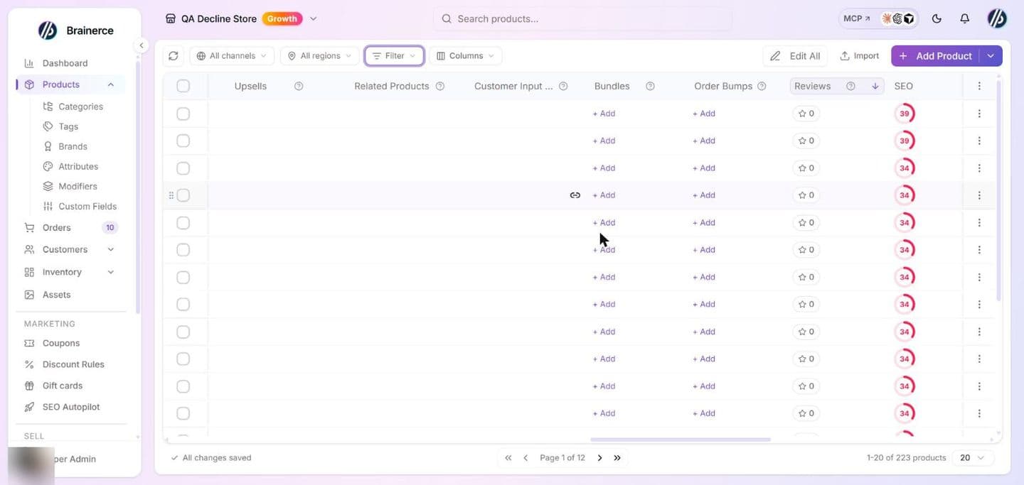 The Products table scrolled to the right, showing the Upsells, Related Products, Customer Input, Bundles, Order Bumps, Reviews and SEO columns, with a "+ Add" link in the Bundles and Order Bumps columns of each row