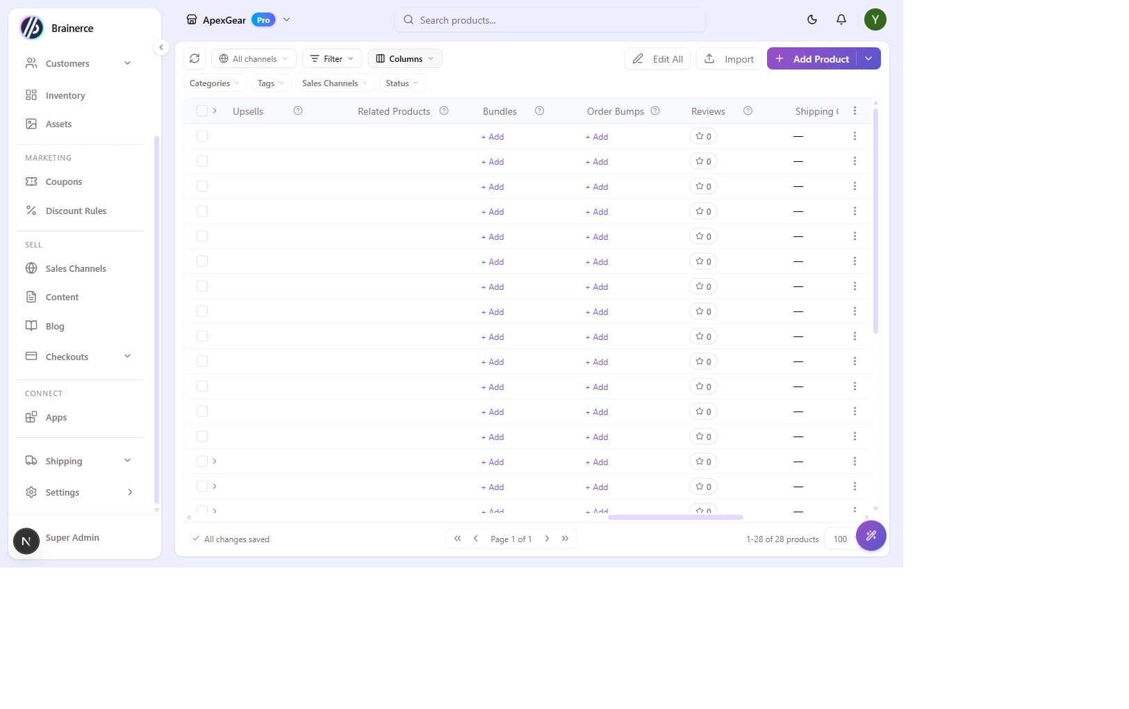 Products table showing the Bundles and Order Bumps columns
