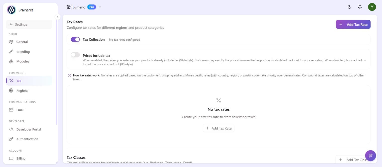 The Tax settings page showing the Tax Collection toggle, the Prices include tax toggle, and the Add Tax Rate button