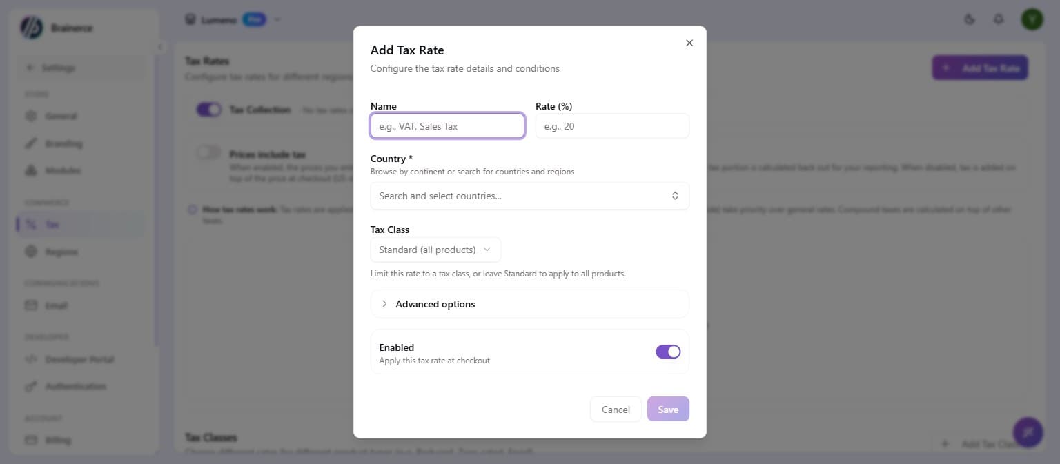 The Add Tax Rate dialog with Name, Rate %, Country, Tax Class, and Enabled fields