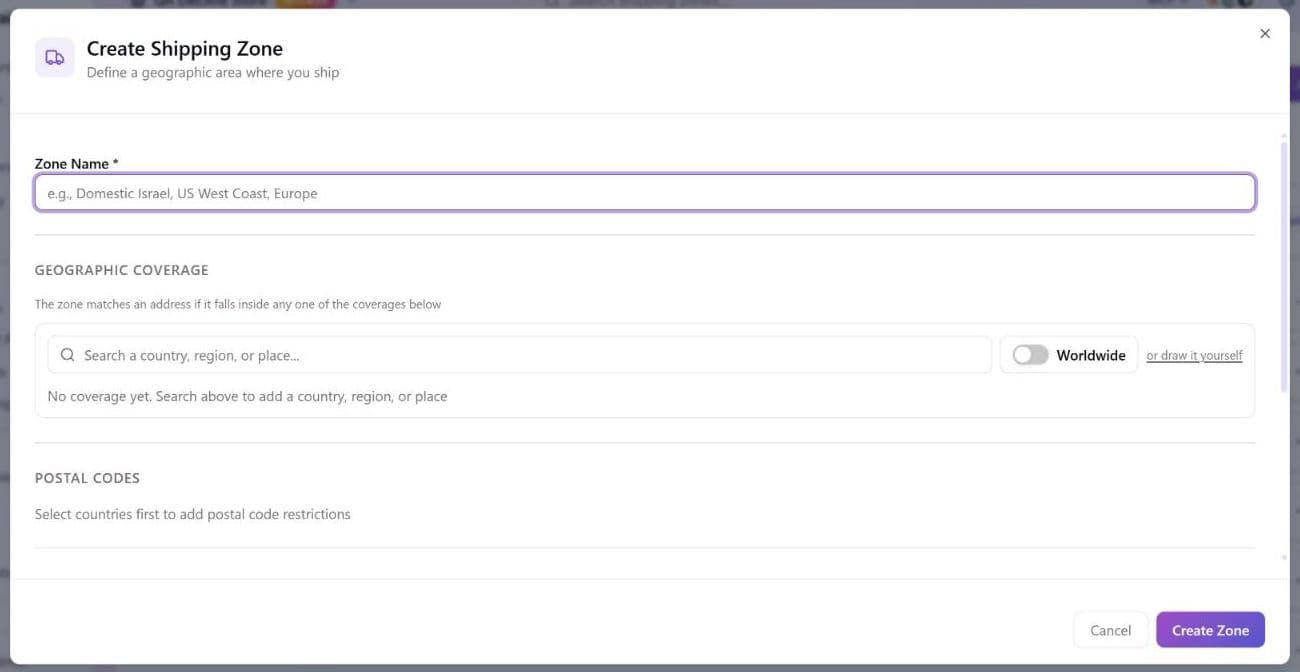 The Create Shipping Zone dialog: the Zone Name field, the Geographic Coverage panel with a search box for a country, region or place, a Worldwide switch and an "or draw it yourself" link, and the Postal codes section, above the Cancel and Create Zone buttons