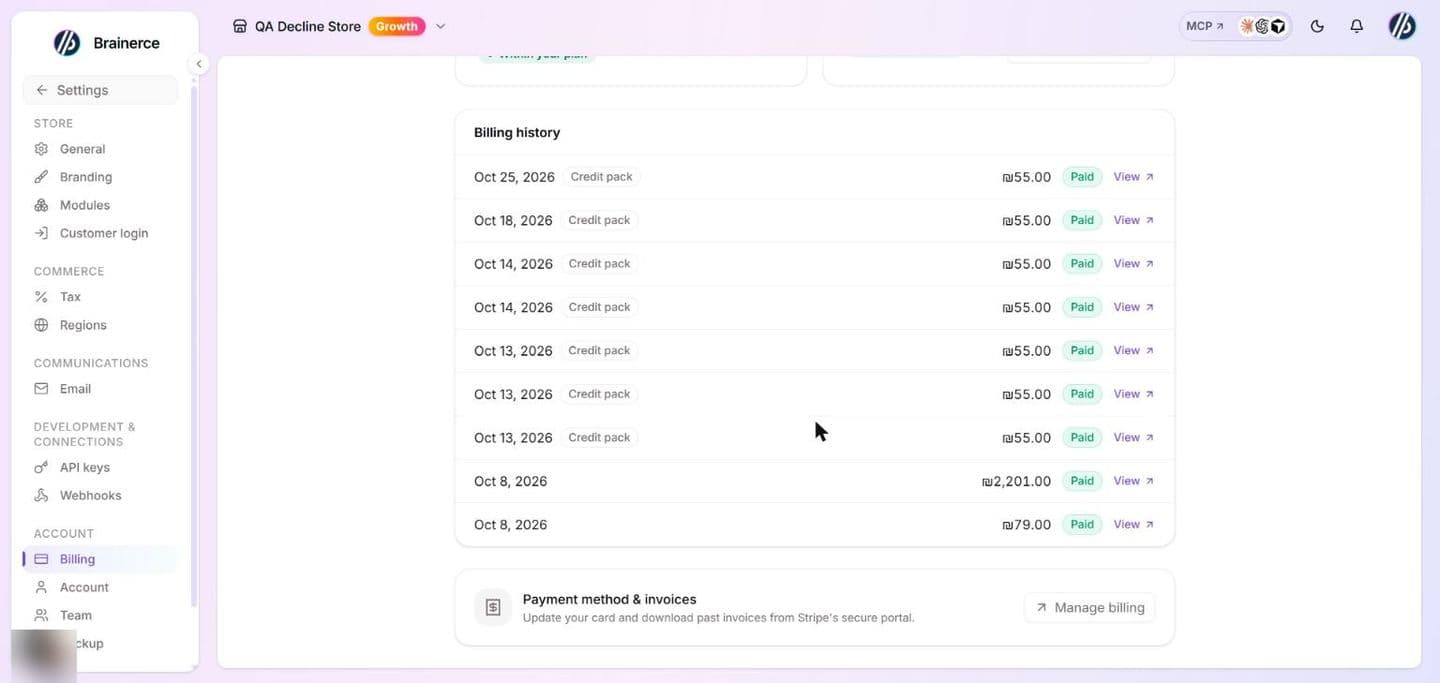 The lower part of the Billing page: the Billing history list with a date, a Credit pack tag where it applies, the amount, a Paid badge and a View link on each row, and the Payment method & invoices card with its Manage billing button