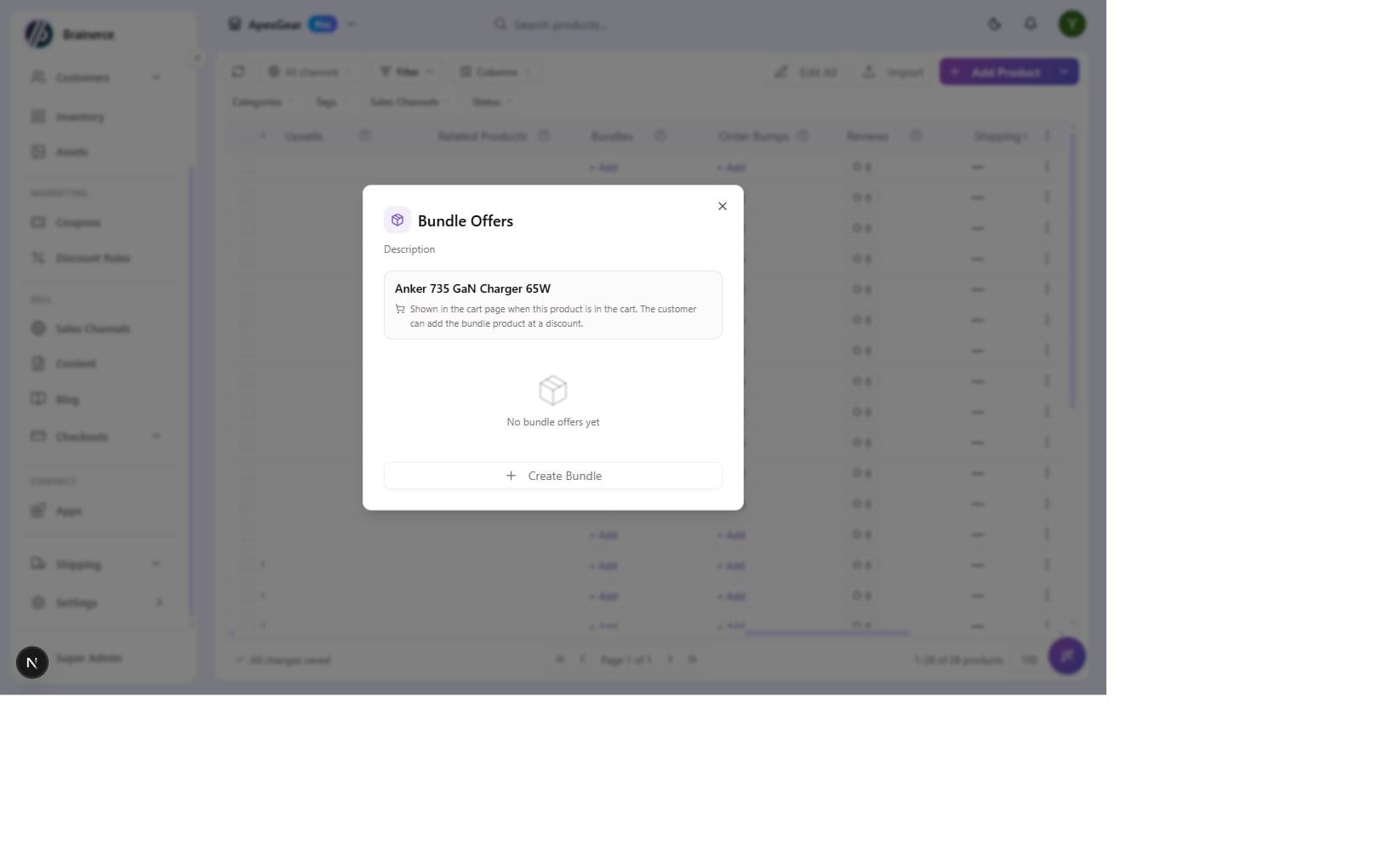 Bundle Offers dialog, empty state for a product