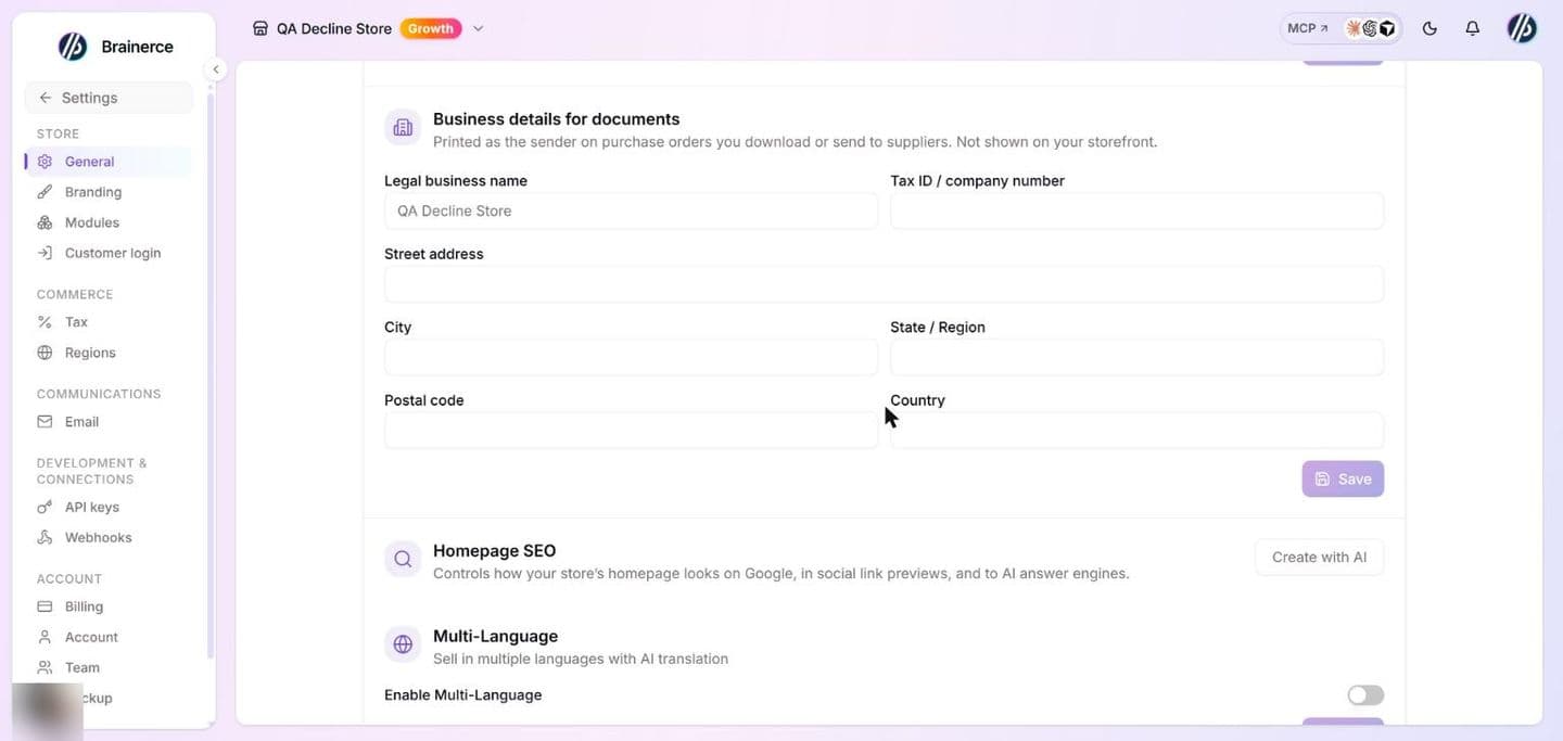 Further down the General page: the Business details for documents section (Legal business name, Tax ID / company number, Street address, City, State / Region, Postal code, Country and a Save button), then Homepage SEO with a Create with AI button, then Multi-Language with its Enable Multi-Language switch
