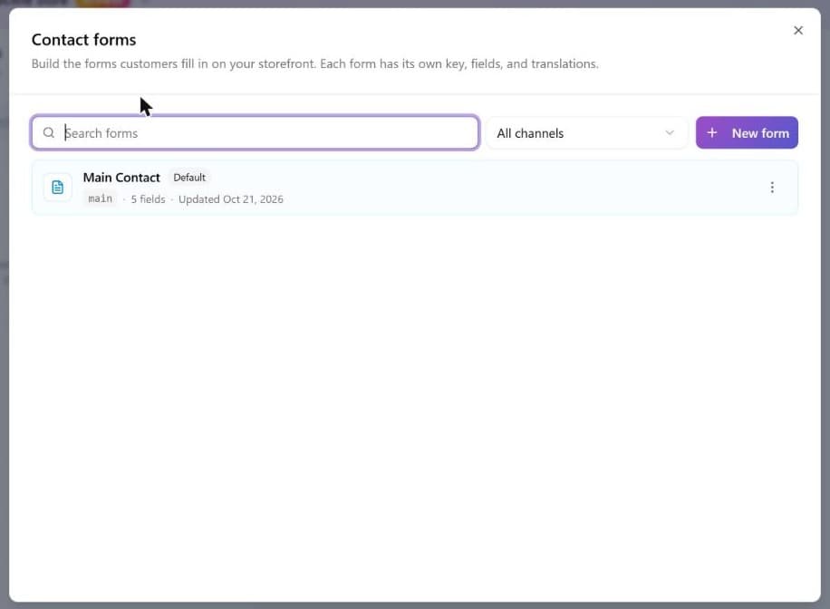 The Contact forms window opened from the Manage forms menu: a search box, an All channels menu, the New form button and one form, Main Contact, tagged Default with its key, field count and last updated date