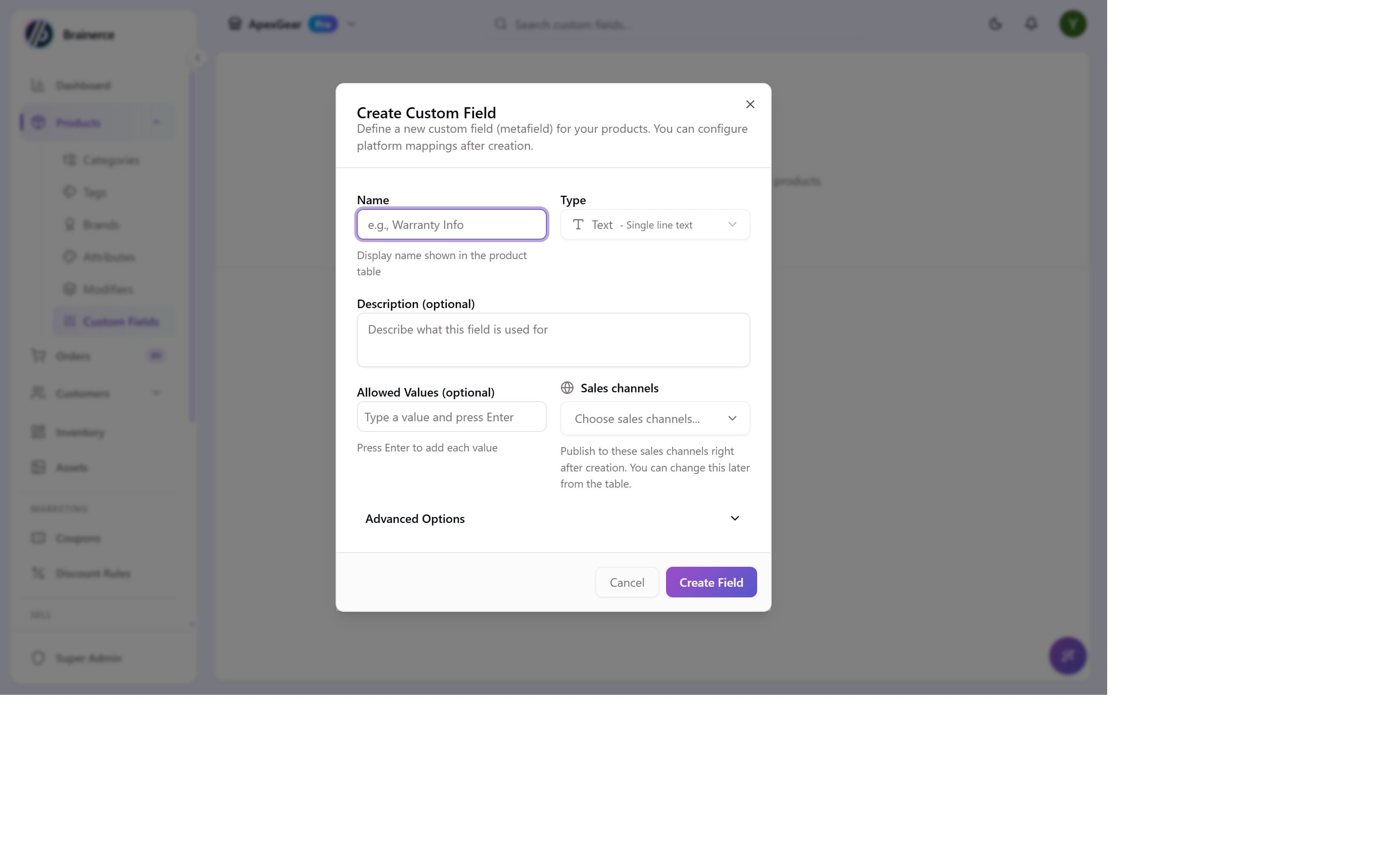 Create Custom Field dialog with Name field, Type dropdown (Text selected), Description, Allowed Values, Sales channels, and Advanced Options sections