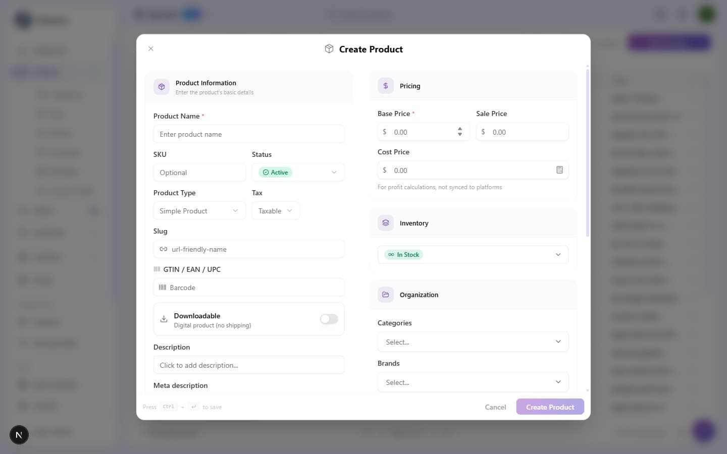 Create Product modal with Product Information, Pricing, Inventory, and Organization sections