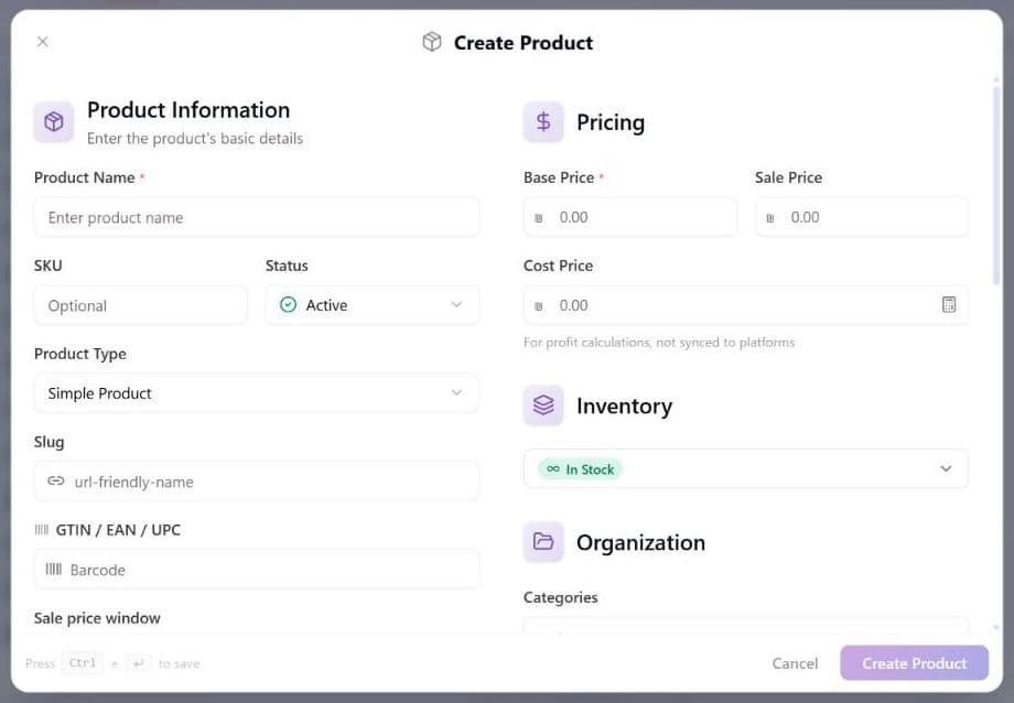 The empty Create Product window: Product Information on the left (Product Name, SKU, Status, Product Type, Slug, GTIN / EAN / UPC barcode, Sale price window) and Pricing, Inventory and Organization on the right, with the Create Product button disabled until a name and a base price are entered