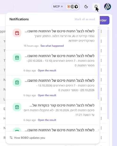 The open notification panel with the title Notifications, the Mark all as read link, a red calendar row with See what happened, green calendar rows with Open the result, and the How BOBO updates you link at the bottom