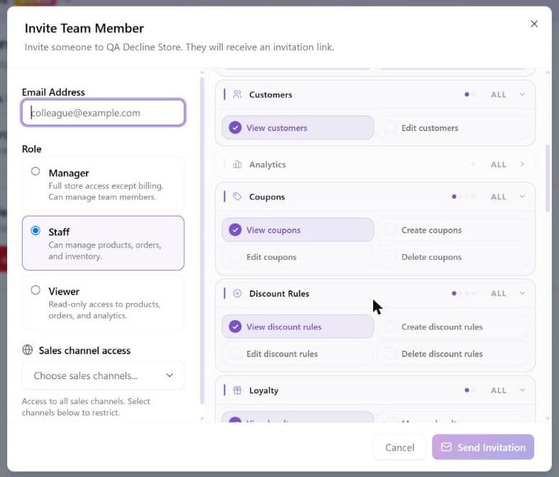 The same dialog with the Permissions panel scrolled down: the Customers, Analytics, Coupons, Discount Rules and Loyalty groups, each with a dots indicator, an ALL or NONE label and its own view, create, edit or delete permissions