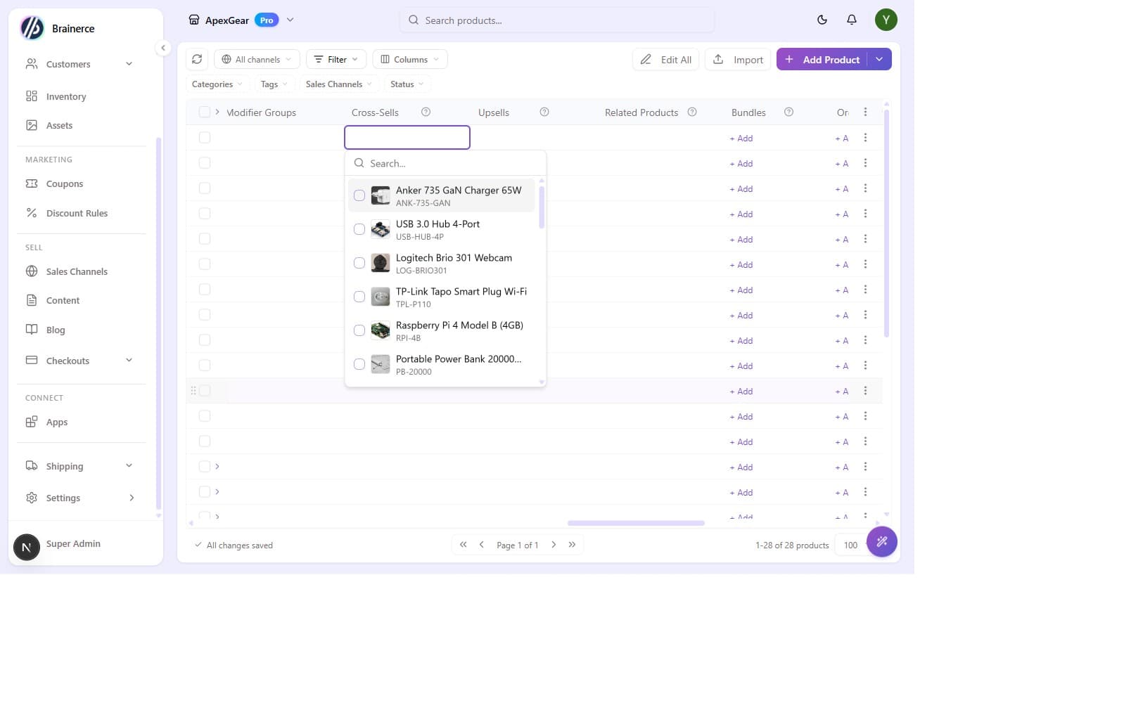Inline product picker overlay with a searchable catalog list and checkboxes