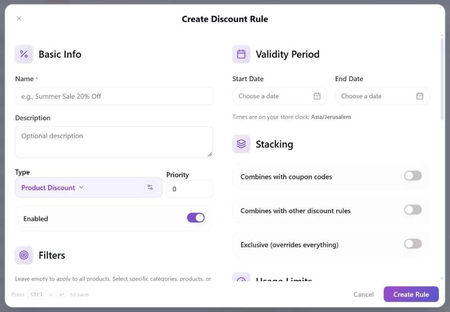 The Create Discount Rule form, empty: Basic Info (Name, Description, Type "Product Discount" with its settings button, Priority, Enabled switch), Validity Period (Start Date and End Date pickers with a note that times are on the store clock), Stacking (Combines with coupon codes, Combines with other discount rules and Exclusive switches), the start of Filters and Usage Limits, and the Create Rule button