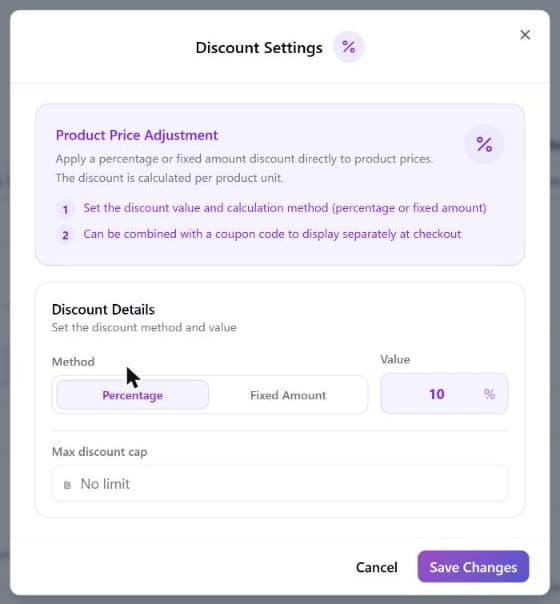 The Discount Settings window for a Product Discount rule: a Product Price Adjustment explainer, then Discount Details with a Method choice (Percentage selected or Fixed Amount), a Value field showing 10 %, and a Max discount cap field set to No limit, above the Cancel and Save Changes buttons