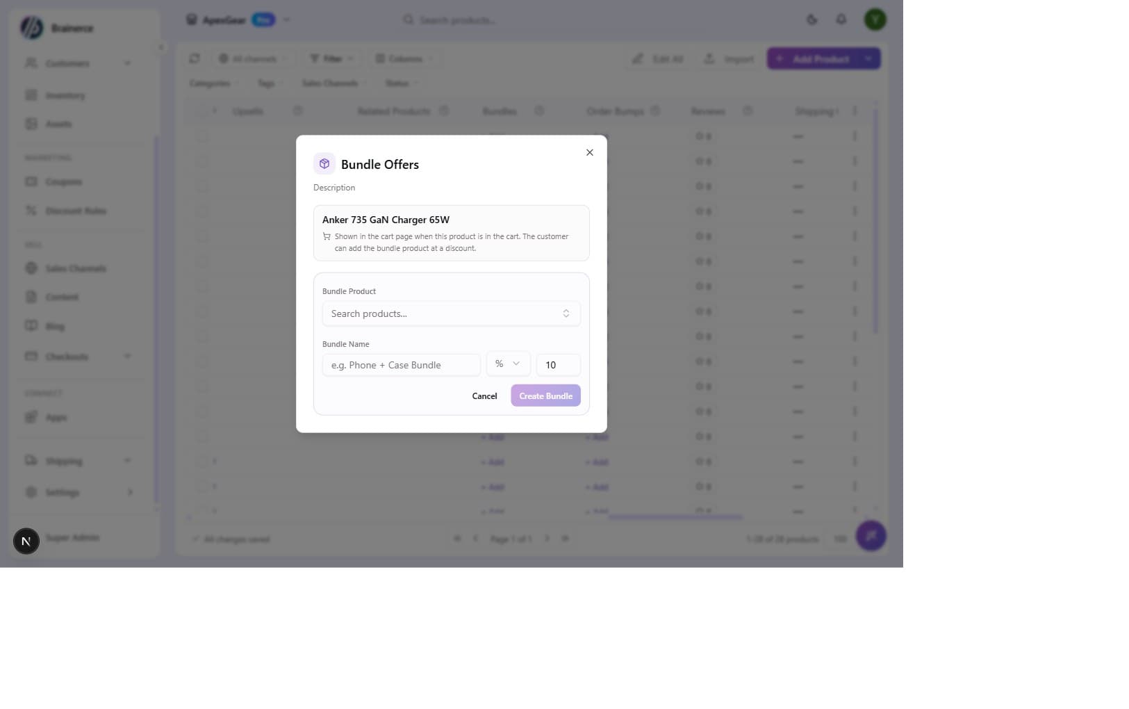 Create Bundle Offer form with product search, name, and discount fields