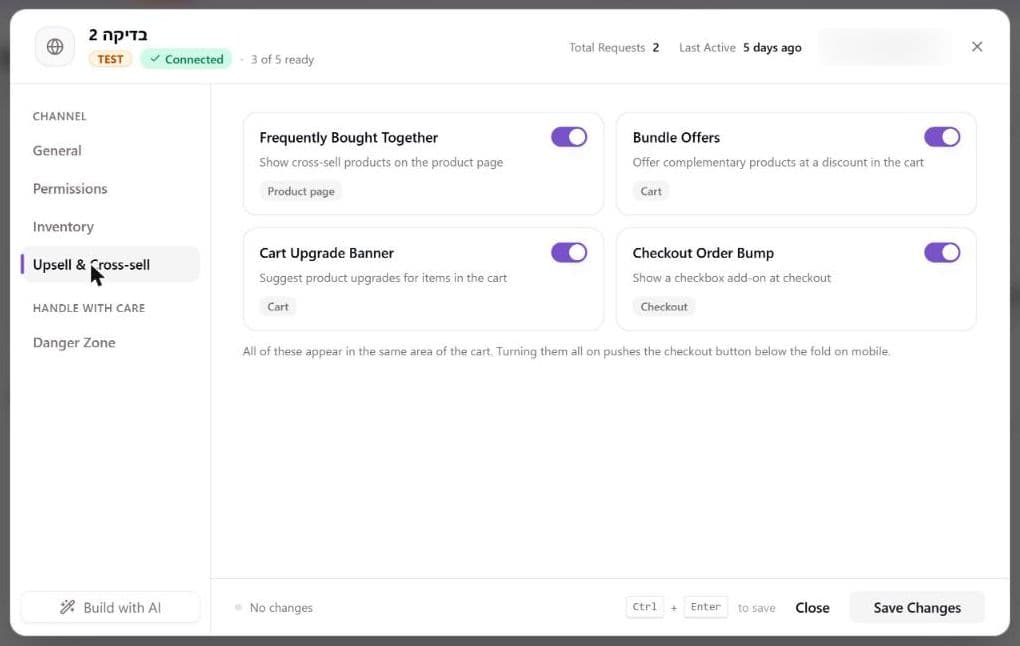 The Upsell and Cross-sell tab of a sales channel's settings with four switches, Frequently Bought Together (Product page), Bundle Offers (Cart), Cart Upgrade Banner (Cart) and Checkout Order Bump (Checkout), and the note that turning them all on pushes the checkout button below the fold on mobile