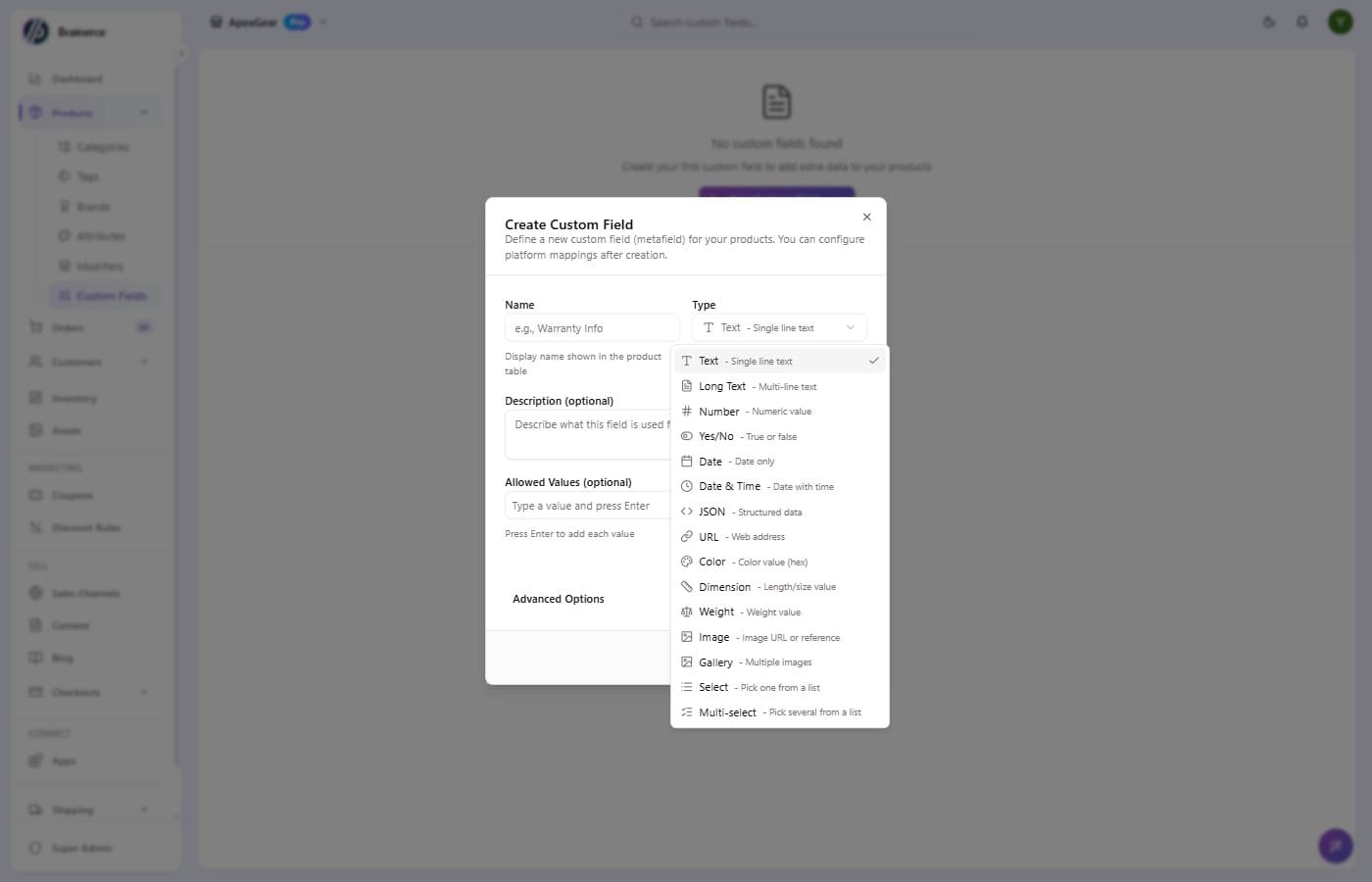 Type dropdown open showing all 15 field types: Text, Long Text, Number, Yes/No, Date, Date & Time, JSON, URL, Color, Dimension, Weight, Image, Gallery, Select, Multi-select