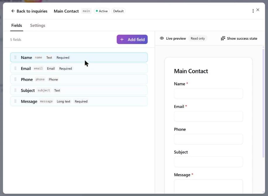 The form editor on its Fields tab for Main Contact: the Fields and Settings tabs, the Add field button, the five fields (Name, Email, Phone, Subject, Message) each with its key, type and Required tag and a drag handle, and the read-only Live preview of the form on the right with a Show success state button
