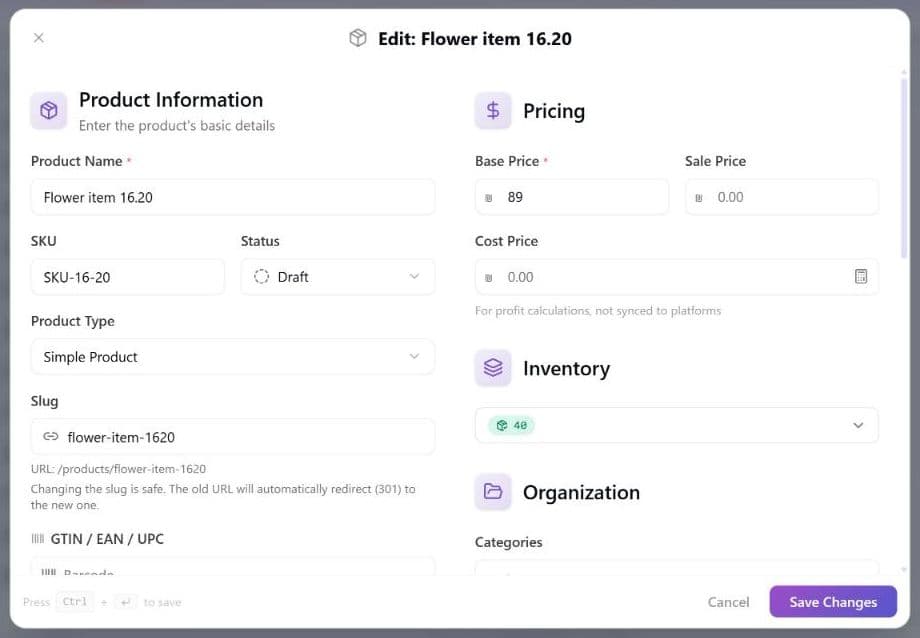 A filled-in product opened in the editor, titled Edit: Flower item 16.20, showing Product Name, SKU SKU-16-20, Status Draft, Product Type Simple Product, the slug with its URL and the note that changing the slug is safe, a Base Price of 89, the Inventory stock badge and the Organization section, with a Save Changes button