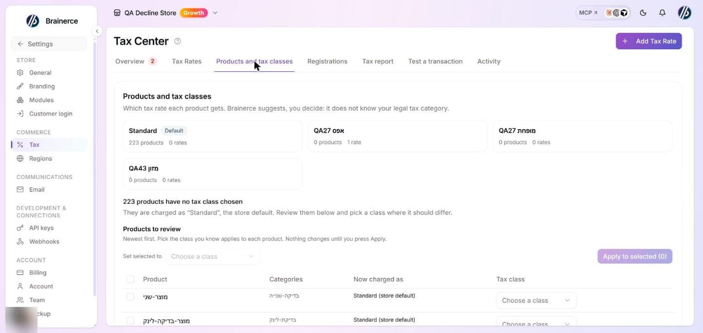The Products and tax classes tab of the Tax Center: a card for each tax class showing its product and rate counts (Standard marked Default), the count of products with no tax class chosen, and the Products to review table with a Set selected to menu, an Apply to selected button and a Tax class menu on each product row