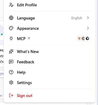 The user menu below the name and email header: Edit Profile, Language (showing English), Appearance, MCP with the assistant logos, What's New, Feedback, Help, Settings and a red Sign out