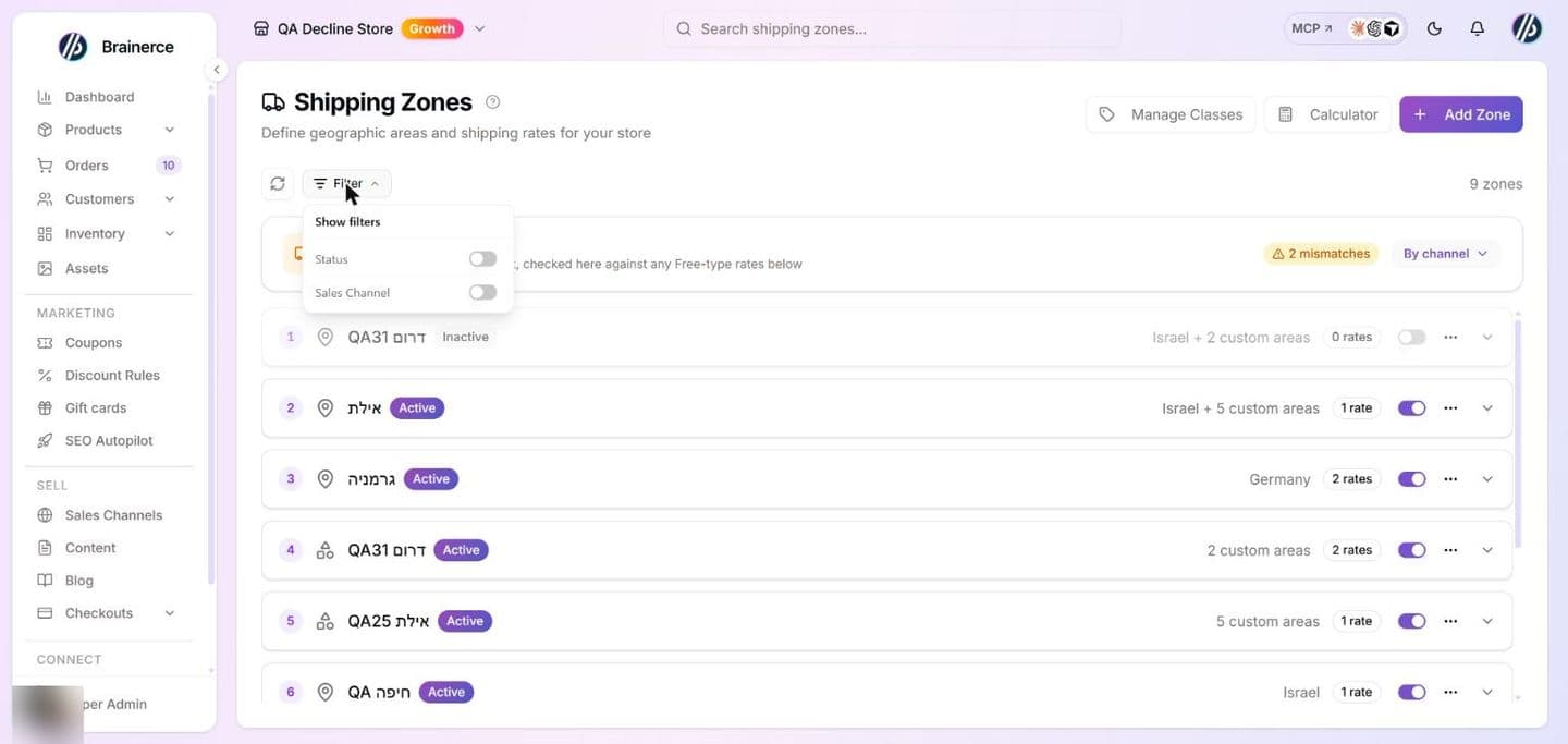 The Filter menu open on the Shipping Zones page, headed Show filters, with a switch for Status and a switch for Sales Channel