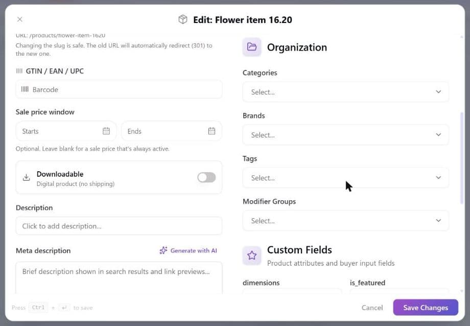 The product editor scrolled to the Organization panel on the right, with the Categories, Brands, Tags and Modifier Groups dropdowns and the start of the Custom Fields section, next to the Sale price window, Downloadable switch and Description on the left