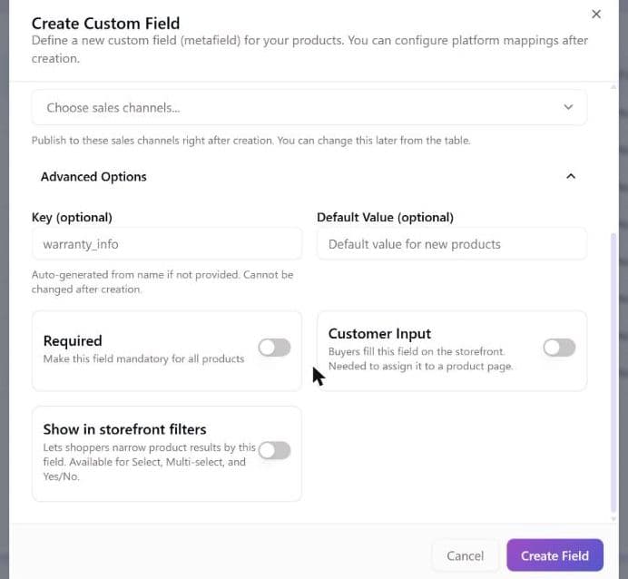 Advanced Options of the Create Custom Field dialog for a Yes/No field, showing Key and Default Value fields, the Required and Customer Input switches and a third switch, Show in storefront filters, described as available for Select, Multi-select and Yes/No