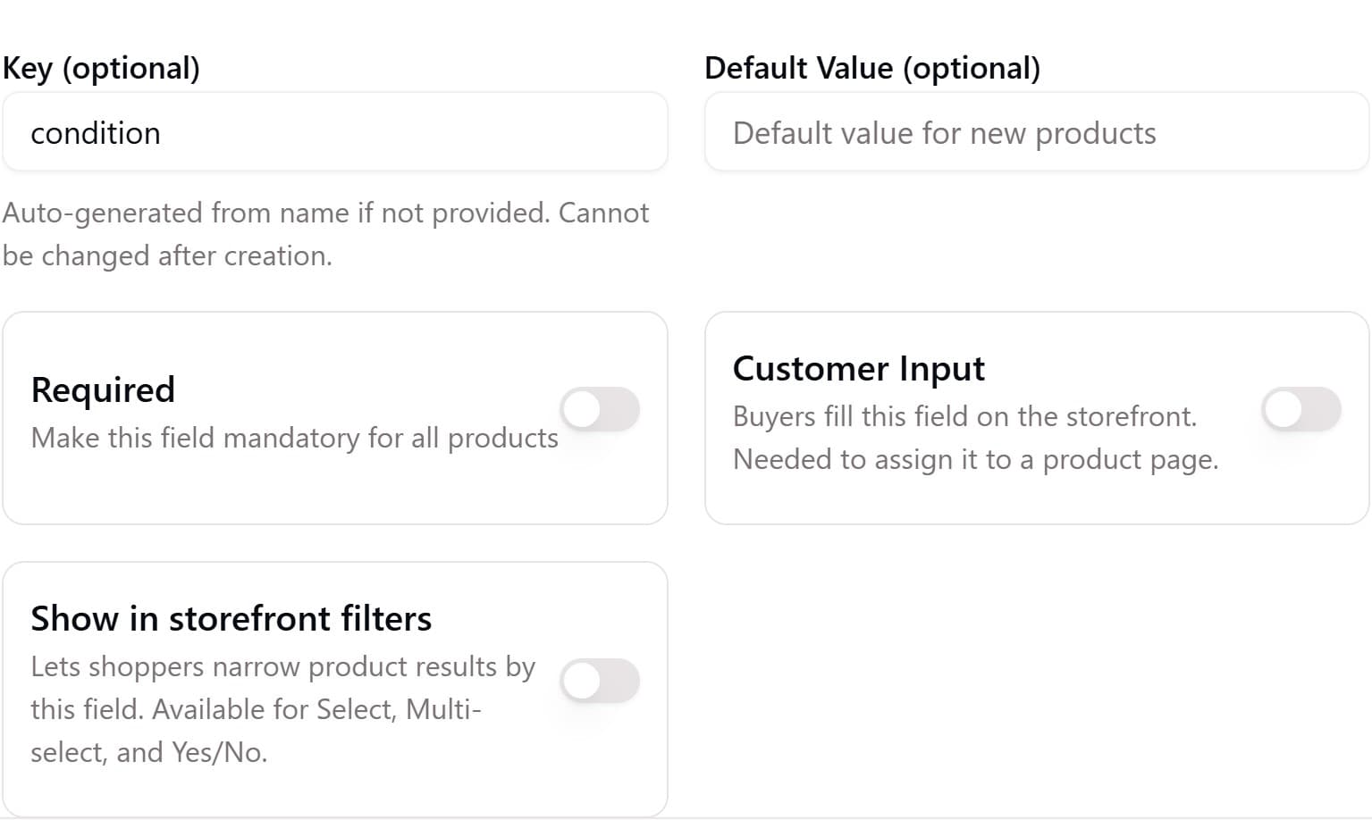 Advanced Options in the custom field dialog showing the "Show in storefront filters" toggle next to Required and Customer Input