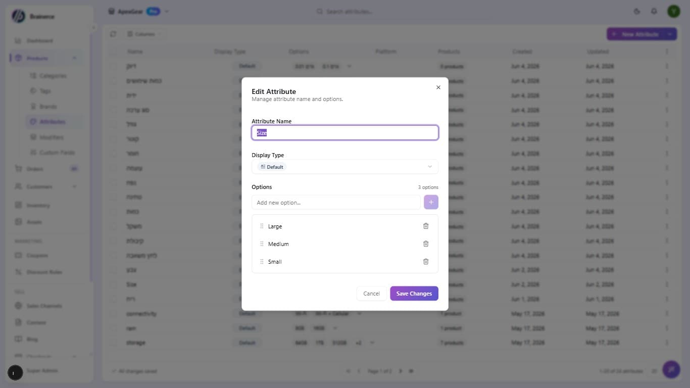 Edit Attribute dialog showing Attribute Name "Size", Display Type "Default", and Options section with 3 options: Large, Medium and Small, each with a grip icon and delete icon