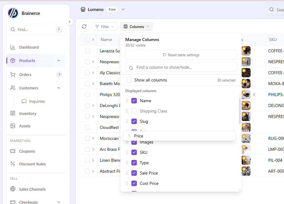 Manage Columns popover with search, Show all toggle, drag handles, and per-column visibility checkboxes