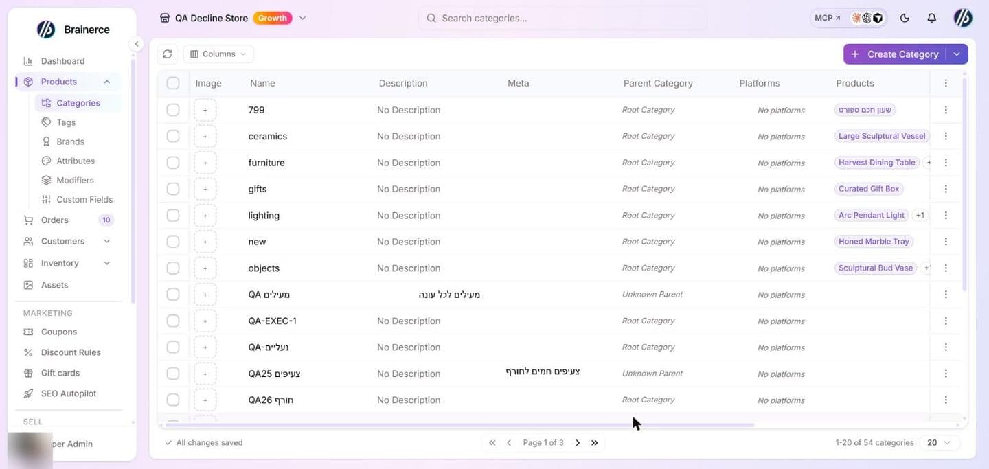 The Categories list with a checkbox column, then Image (a small dashed plus box where no image is set), Name, Description, Meta, Parent Category, Platforms, Products, Status, Created, and Updated columns, plus the Columns menu and the Create Category button