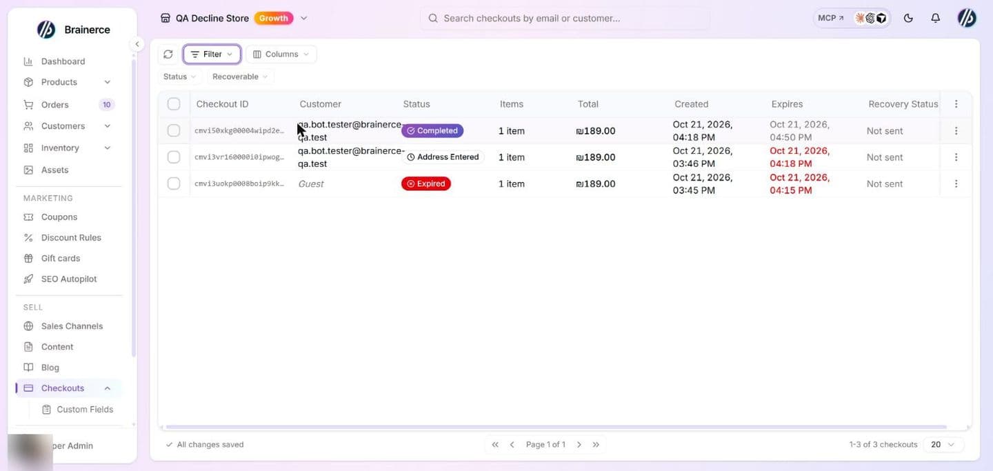 The Checkouts list with the Filter and Columns buttons, the Status and Recoverable filter chips switched on under them, and three checkouts with the columns Checkout ID, Customer, Status (Completed, Address Entered, Expired), Items, Total, Created, Expires and Recovery Status